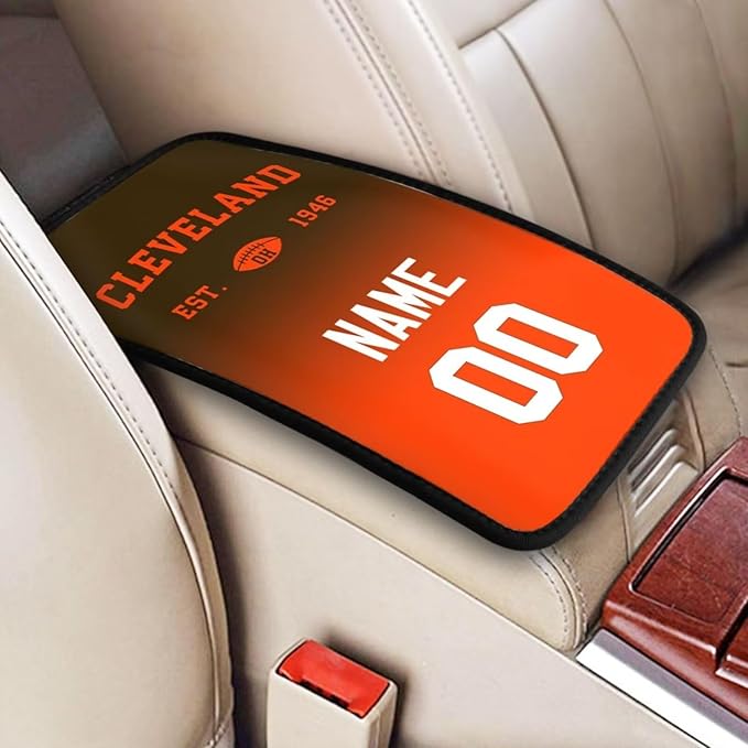 Custom Car Armrest Cover,Add Personalized Name and Number As Gifts for Loyal Football Fans,Auto Center Console Pad Car handrail Box Cushion,Fit for Most Car