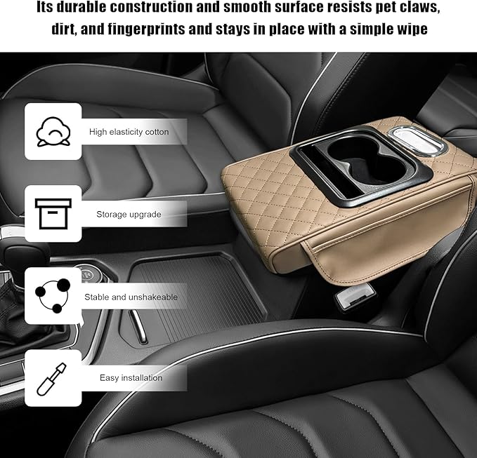 Car Center Console Armrest Pillow, Leather Arm Rest Cover Pad with 2 Storage Pockets Cup Holder & Phone Slot, Soft Middle Console Cushion Protector for Most Vehicles (Beige, Embroidered)