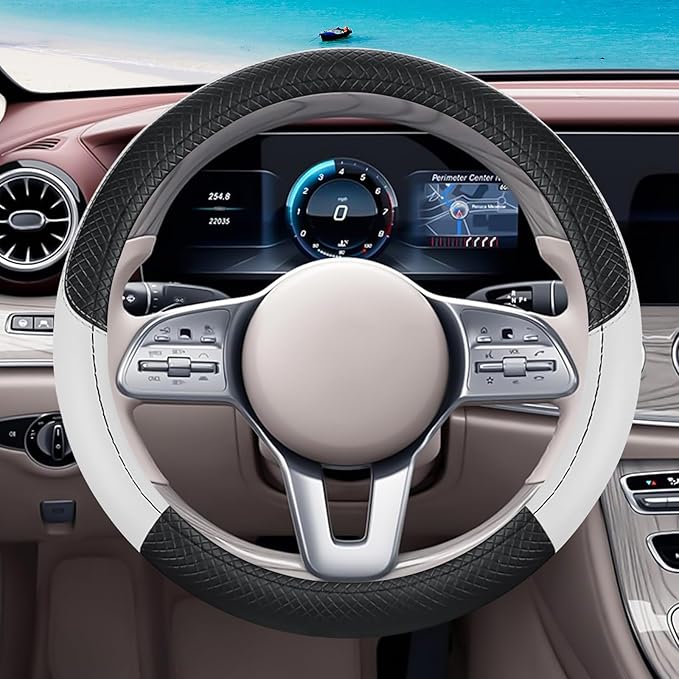Black & White Car Steering Wheel Cover, Microfiber, Leather Patchwork, Universal 14.5-15 Inch Leather Anti-Slip Breathable Auto Steering Wheel Covers for Men Women
