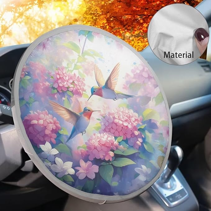 Dustproof Steering Wheel Sun Shade Steering Wheel UV Reflector Shade Cover Vehicle Accessories Universal Fit Car SUV Truck Van, Hummingbird Hydrangea Flower Pattern