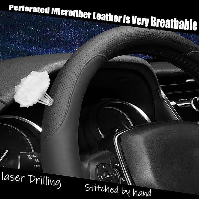 Mihecor Steering Wheel Cover Standard Size Medium 14.5-15 inch, Breathable Microfiber Leather, Anti-Slip, Soft Grip, Universal Fit for Cars SUVs Trucks, Black