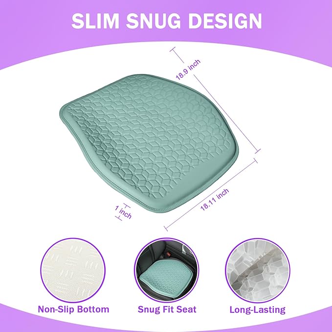 Thin Gel Seat Cushion for Car Seat, Office Chair, Wheelchair, Golf Cart - Non-Slip Car Seat Cushions with 0.7 Inch Gel - Sciatica & Coccyx Pain Relief (Leather, Green)