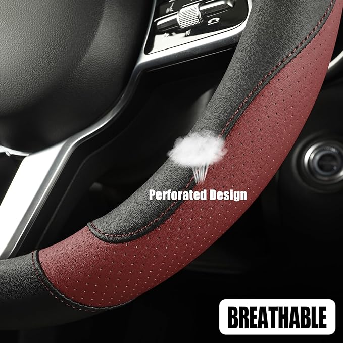 Binsheo Microfiber Leather D Shaped Steering Wheel Cover, Breathable, Anti Slip, 13.5 inch to 14 inch, Black with Burgundy