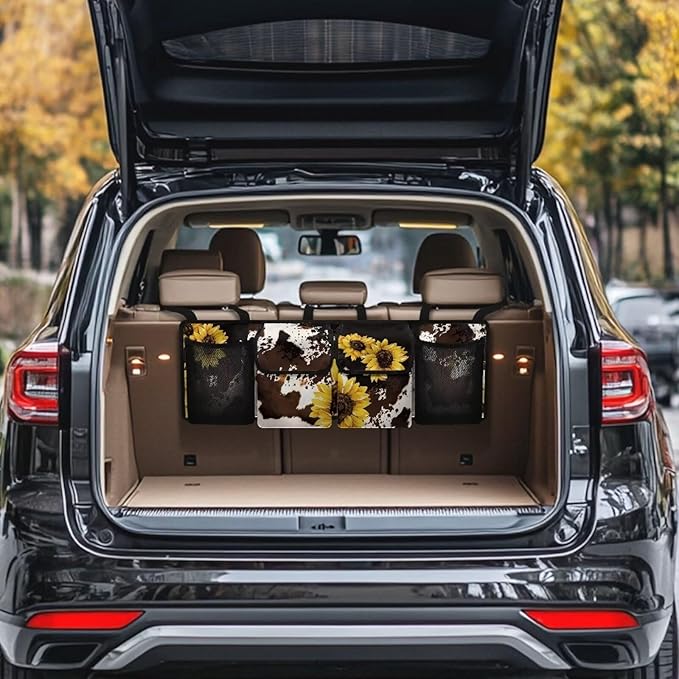 Cow Sunflower Hanging Trunk Organizer for SUV, Car Organizer, Waterproof Back Seat Organizer for SUV, Car Organizers and Storage with Adjustable Straps, Car Storage Organizer