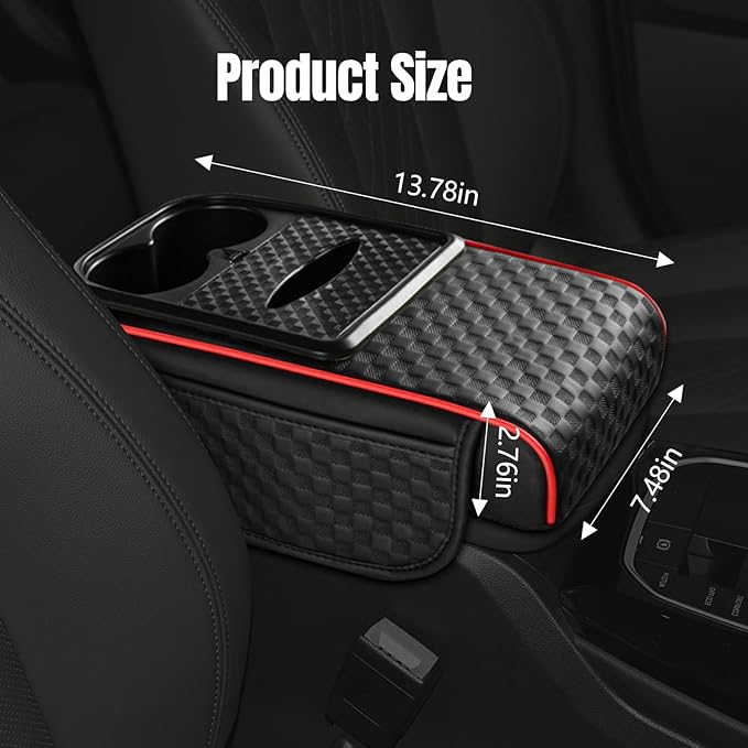Hovom Car Center Console Armrest Pillow, 13.78"×7.48"×2.76" Leather Arm Rest Cover for Cars, Multifunctional Auto Armrest Cushion Pad with Pocket, Tissue Box & Cup Holder, Car Accessories (Black+Red)