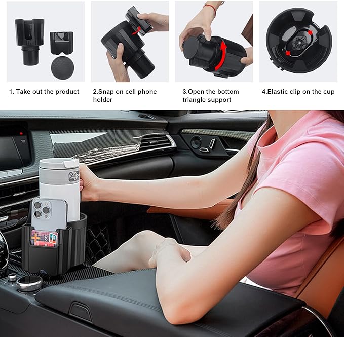 Car Cup Holder Expander Adapter, Adjustable 3 in 1 Cup Holder Expander with Phone Holder & Card Organizer, Fits Less Than 4.1'' Bottles for 2.56''-3.94'' Cup Holder, Car Accessories