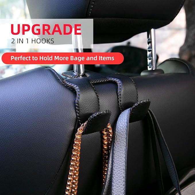 Headrest Hooks for Car, Car Back Seat Storage Organizer Purse Holder Bags Upgraded 2 in 1 Durable Leather Purse Hanger Car Essentials for Women Interior Accessories,1-Pack,Black