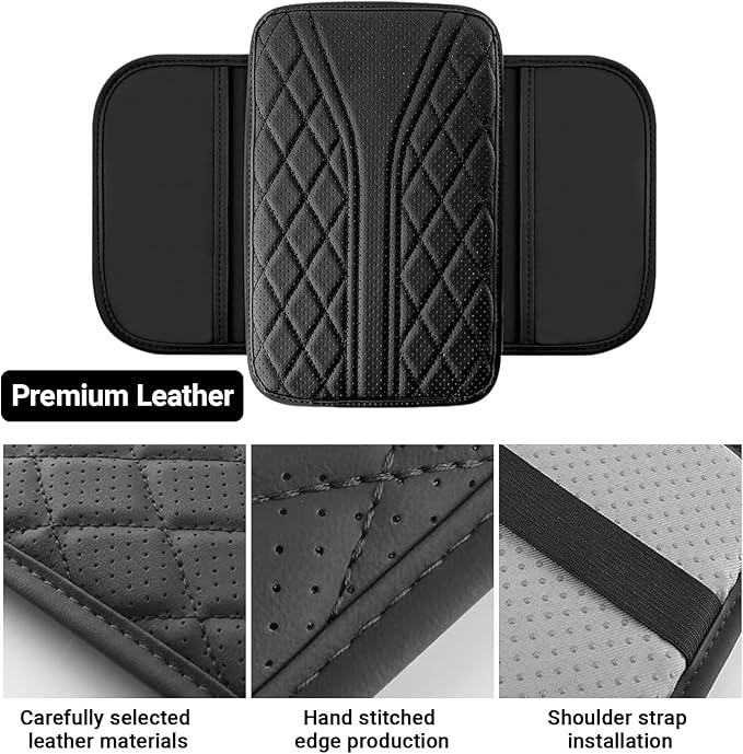 KoiLuvGo Upgraded Car Center Console Cover, Leather Auto Armrest Cover with 2 Storage Bags, Waterproof Center Console Protective Pad, Universal Cars Armrest Storage Box for Sedan, SUV, Truck (Black)