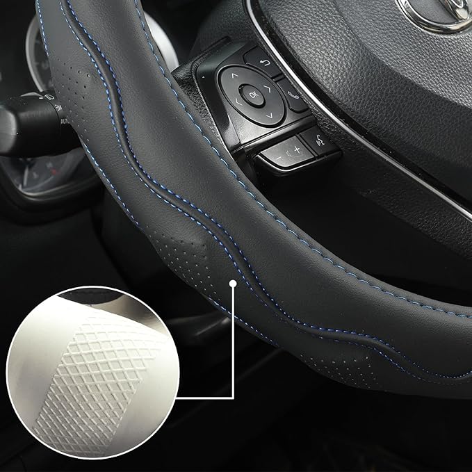 West Llama 3D Texture Steering Wheel Cover for Toyota, Anti-Slip Design, Premium Leather, Custom Fit for 14.5-15 inch, Stylish Interior Decoration(Blue+Black-Standard Size)