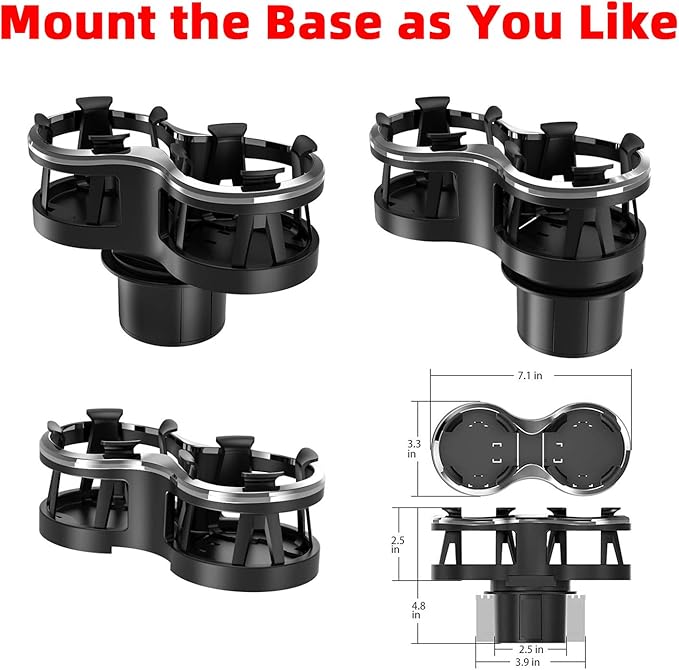 Car Cup Holder Extender with Adjustable Mounting Base - Cup Slot 1-2 Splitter Expander Organizer Fits Vehicle Boat Truck RV Holds Standard Drinks Water Bottles