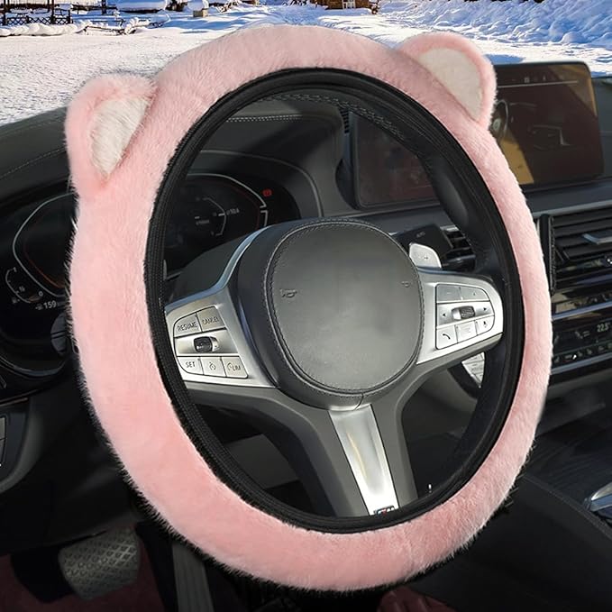 Car Steering Wheel Cover with Cat Ears Winter Warm Fuzzy Steering Wheel Protector Car Accessories Interior Decorations (Pink)