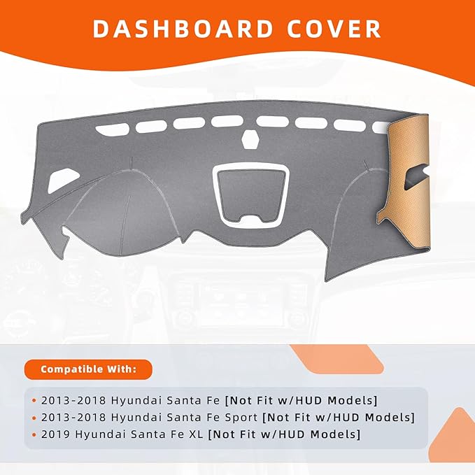 KEYOOG Dashboard Cover Dash Mat Fit for Hy-undai 2018-2013 Santa Fe,Santa Fe Sport (Without HUD Models),Car Dash Board Mat Anti-Glare Carpet,Non-Slip Pad Sunshield Protector (Grey)