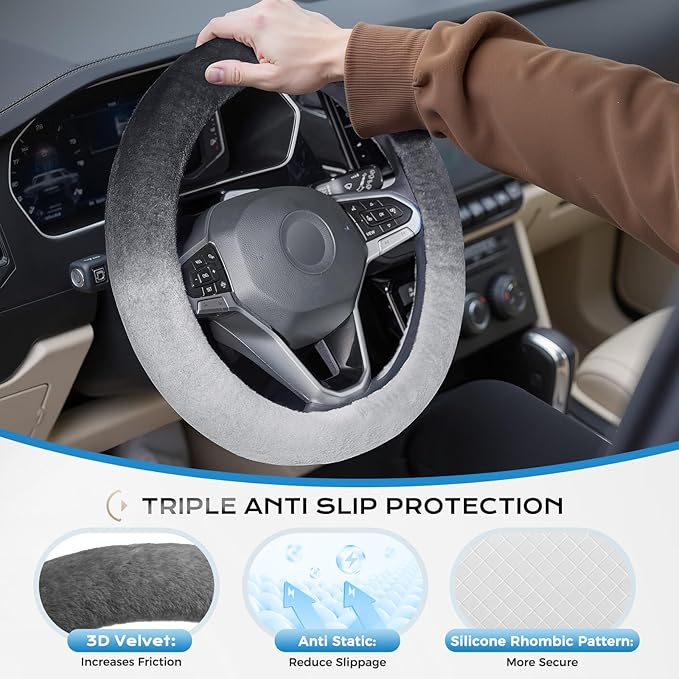 Coverado Steering Wheel Cover, Anti-Slip Fluffy Car Steering Wheel Cover for Winter Warm, Universal 14-15 inch, Soft Plush, No Odor, Luxurious Decoration for Women Men, Gradient Gray