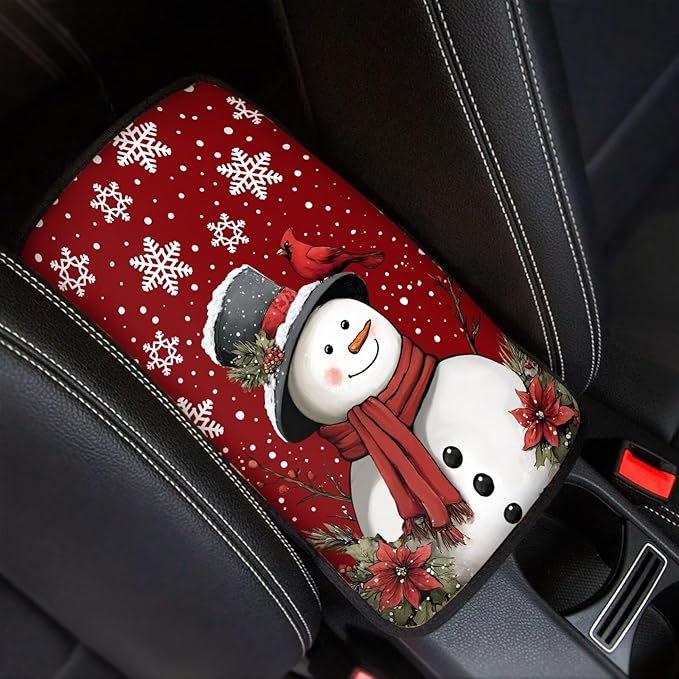 Cute Snowman Arm Rest Cover Car Protect from Pet Claws Car Center Console Cover Easy to Install Auto Console Armrest Cover Universal Fit for Auto Truck Van SUV