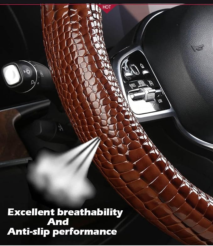 Luxury Crocodile Texture Glossy Leather Car Steering Wheel Cover, New Universal 15 Inch Vehicle Steering Wheel Cover for Cars, Trucks, Suvs, Pickups Interior Accessories (Blue)