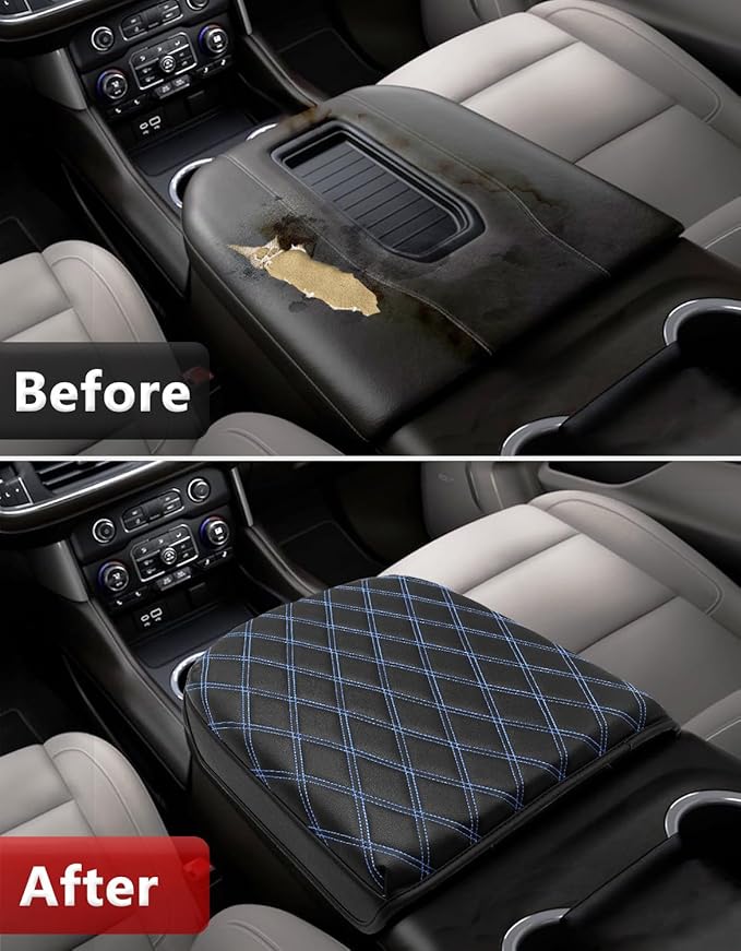 KBH Center Console Armrest Cover for Chevy Silverado GMC Sierra 2019-2026, Tahoe Suburban Yukon 2021-2026, Bucket Seat, Vinyl Leather Trim, Anti-Scratch, Black-Blue Stitch