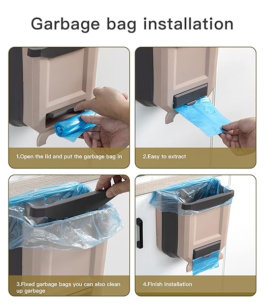 Hanging Kitchen Trash Can, Foldable Waste Bin for Kitchen, Collapsible Hang Small Plastic Garbage Can 2.4 Gallon for Cabinet/Car/Bedroom/Bathroom (Brown)