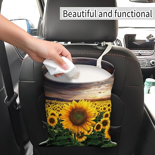 AUEKLLW Car Trash Can, Hanging Garbage Bin for Men and Women, Cute Car Organizer and Storage Bag, Canvas Vehicle Trash Can Bag Easy-to-Install Luxuious Sunflowers