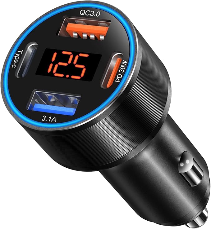 USB C Car Charger, 4-Port 65W Dual 12V USB-A & USB-C Car Phone Charger with Voltmeter PD/QC 3.0 Fast Charging Cigarette Lighter Adapter for iPhone 16e 15 14 13 12 11 Pro Max,Samsung, Android(Black)