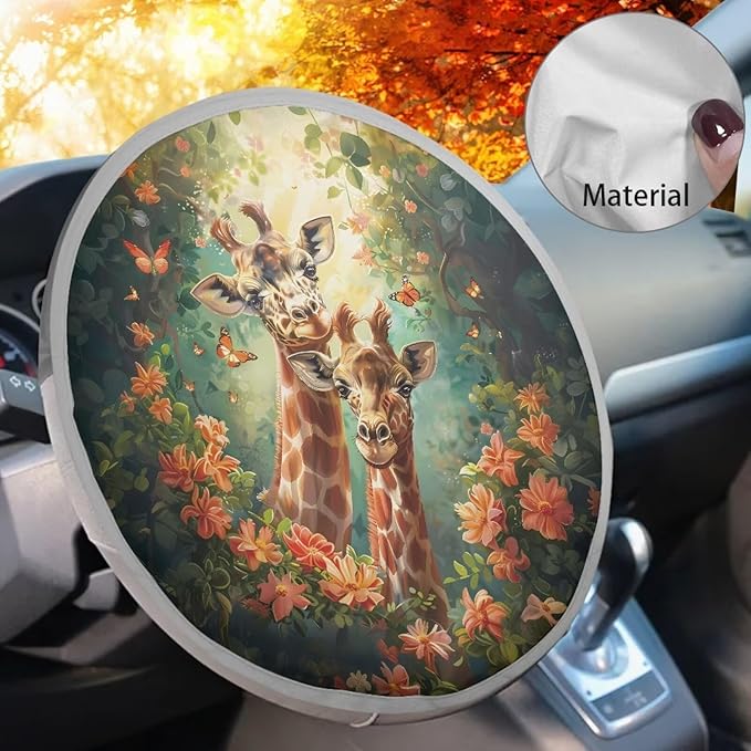 Steering Wheel Sun Shade Cover 17"x17" Car Steering Wheel Cover Vehicle Steering Wheel Protector Decorative Accessories for SUV Truck Car Van, Giraffe Peach Blossom Butterfly