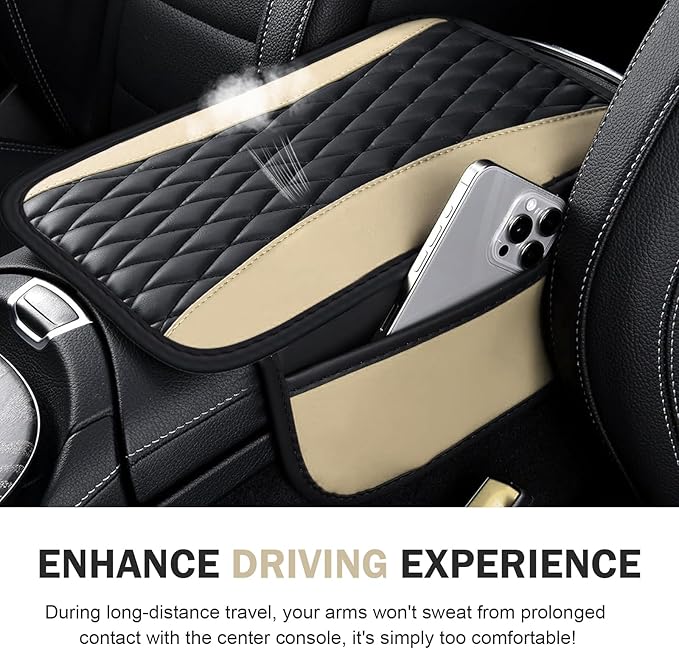 Car Center Console Cover, Upgraded Patchwork Leather Arm Rest Cover with Side Storage Pockets, Comfortable Auto Armrest Protector Cushion, Universal Middle Console Pad for SUV, Sedan (Beige)
