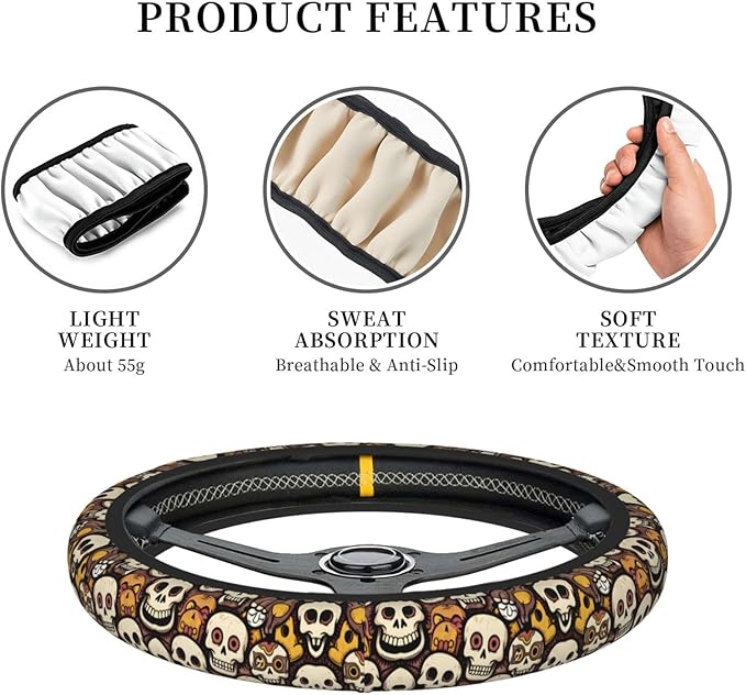 Halloween Skull Car Steering Wheel Cover, 15 Inch Steering Wheel Cover Stylish Decor for Most Cars