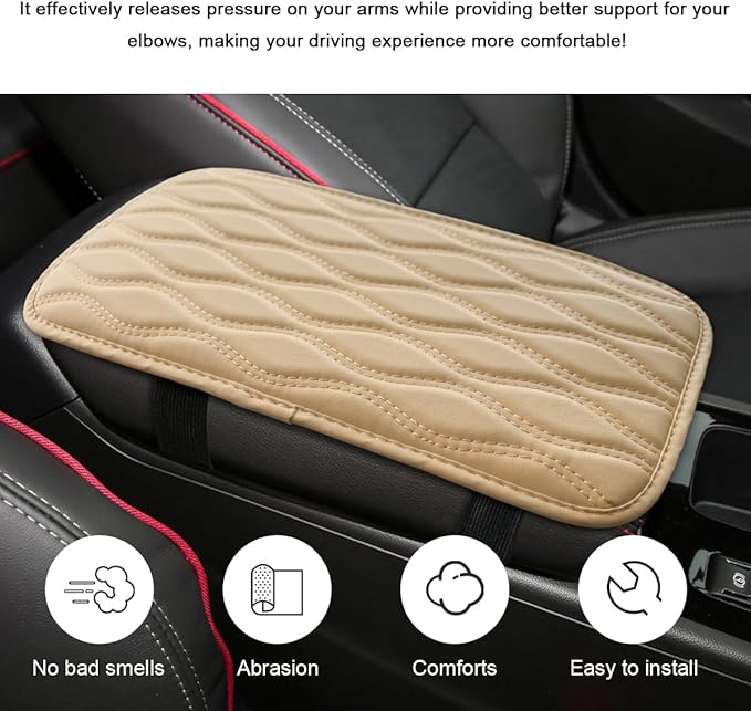 Car Center Console Pad, Waterproof Leather Armrest Seat Box Cover Protector, Non-Slip Middle Console Cushion Pad Interior Decor Fits Most Vehicles, Car Accessories (Beige)