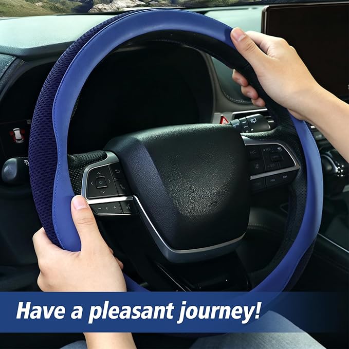 ZHOL Blue Steering Wheel Cover,Nappa Faux Leather with Comfort Grip,Non-Slip Breathable Universal Car Accessory for 15 Inch Steering Wheel