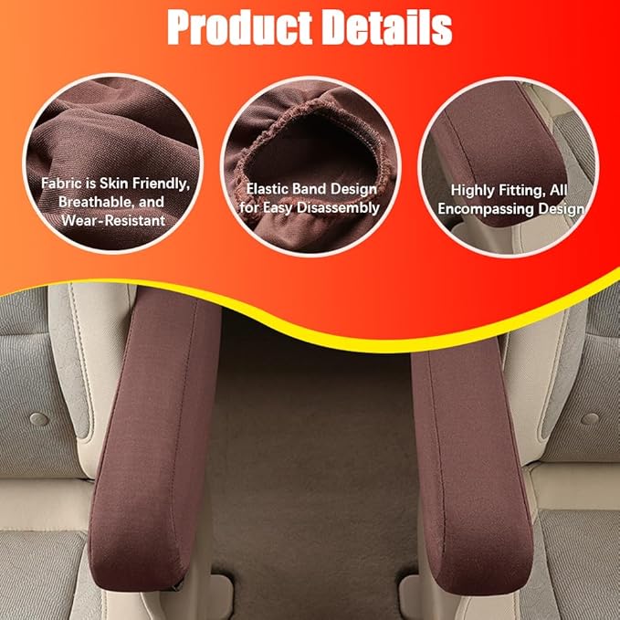 Smeyta 2PC Car Front Seat Armrest Covers,Seat Arm Rest Cover,Flat Cloth Fabric Armrest Cover,Replacement Car Front Seat Armrest Cover(Coffee,1Pair)