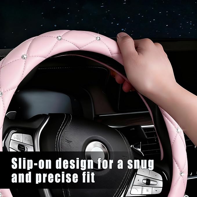 Diamond Leather Steering Wheel Cover Women, Girly Bling Steering Wheel Cover, Sparkly Non-Slip Soft, 15 Inch Interior Accessories for Women Girls Vehicle, Pink