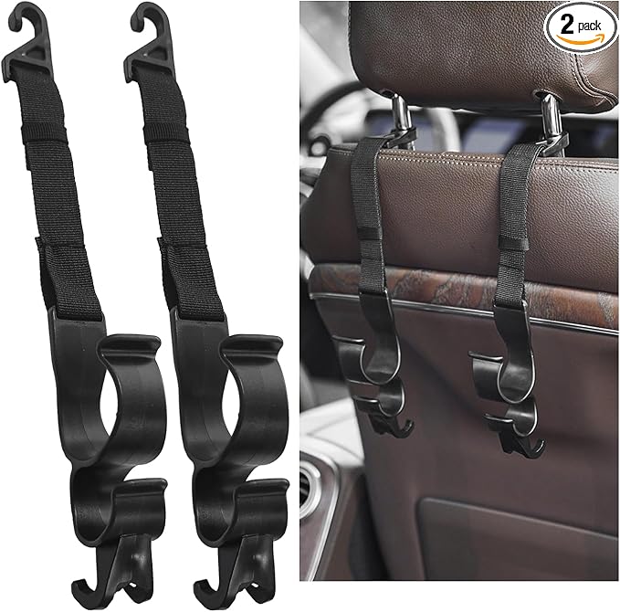 2 PCS Adjustable Car Seat Headrest Hook, Automotive Seat Back Storage Hanging Purse Hook, Durable Backseat Hanger Organizer for Umbrella Bag Coat, Universal Car Accessories
