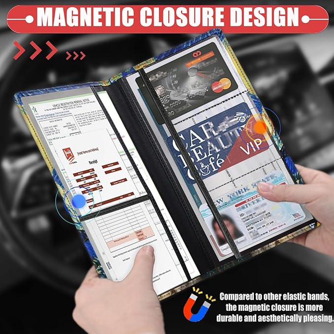 Car Registration and Insurance Card Holder for Women Men, Waterproof PU Leather Glove Box Car Organizer with Magnetic Shut, Vehicle Document Holder for Driver License,Cards, Night Cat Pattern