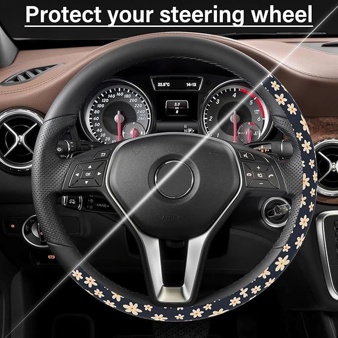 Steering Wheel Cover Neoprene Material Most Cars Men&Women Universal 15 inch Premium Non-Slip Spring Steering Wheel Protector Floral Car Accessories (Daisy Flower)