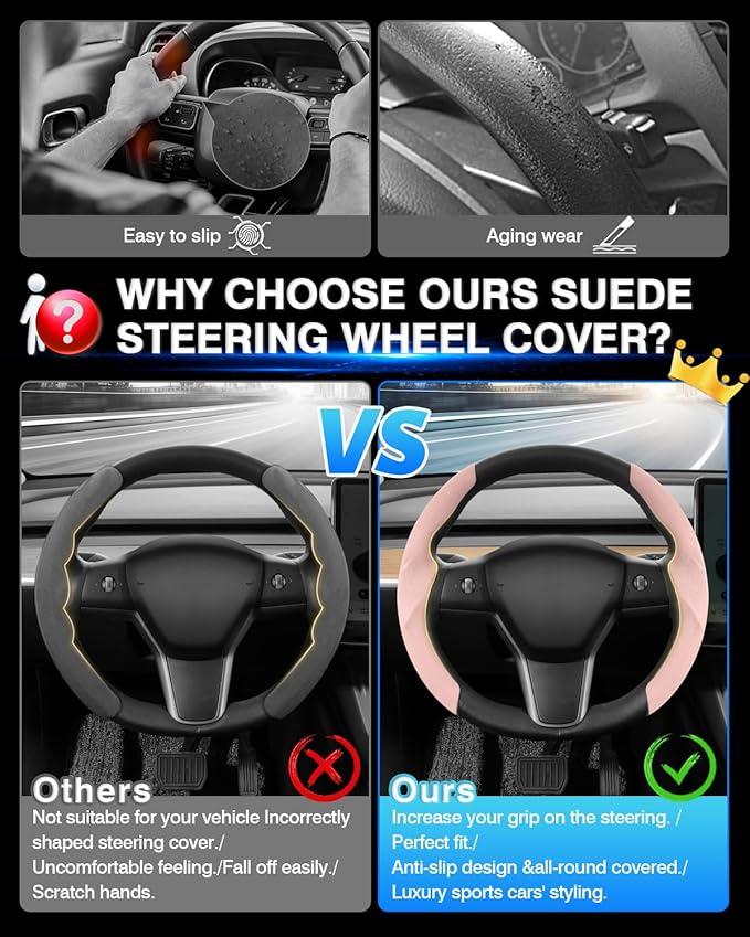 Shademax Custom-Fit for Tesla Steering Wheel Cover, Tesla Model Y / 3 2017-2025 2026 (Fit Model Y Juniper 2026/ Model 3 Highland) Suede Steering Wheel Cover for Tesla Model Y / 3 Accessories (Pink)
