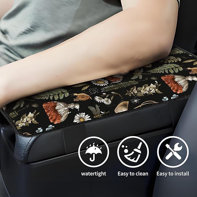 Car Center Console Cover, Universal Soft Large Neoprene Auto Armrest Seat Box Cover, Funny Car Decor Accessories Fit for Most Cars, Vehicles, SUVs Cute Boho Mushroom