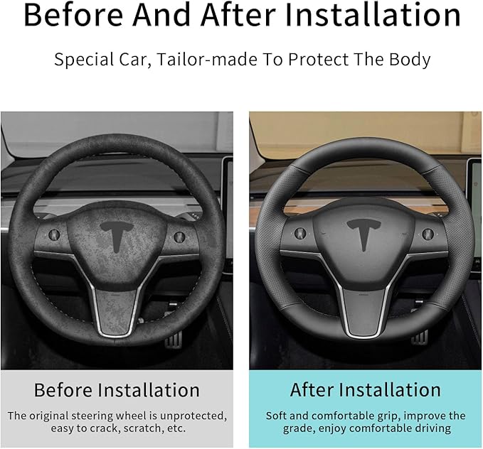 Yeolpise Hand Sewn Steering Wheel Cover,Fit for Tesla Model 3 2017-2023/Model Y 2020-2023,Non-Slip Breathable Microfiber Leather Steering Wheel Cover On Wrap Car Interior Accessories