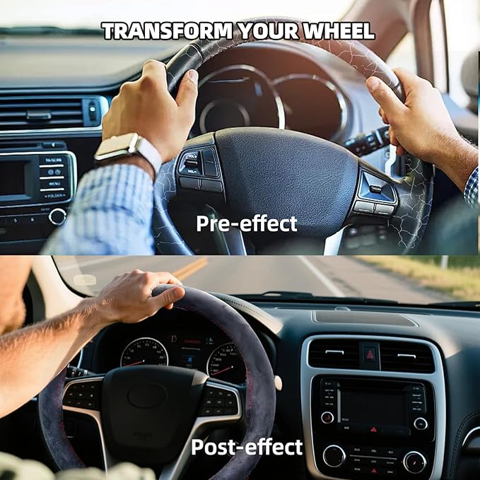 Suede Leather Steering Wheel Cover Wrap Kit - DIY Stitch-On for 16-17" Wheels, Superior Sweat Absorption & Non-Slip Grip, Comfortable & Durable Year-Round Upgrade
