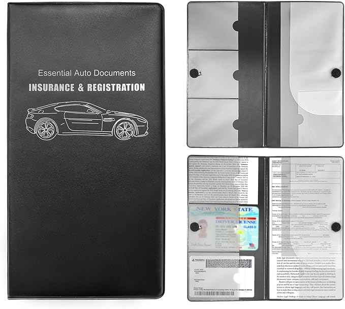 Car Registration and Insurance Holder, 10.39''×9.56'' Essential Auto Card Document Glove Box Organizer with Closure, Universal Car Interior Accessories (Black, Smooth Car)
