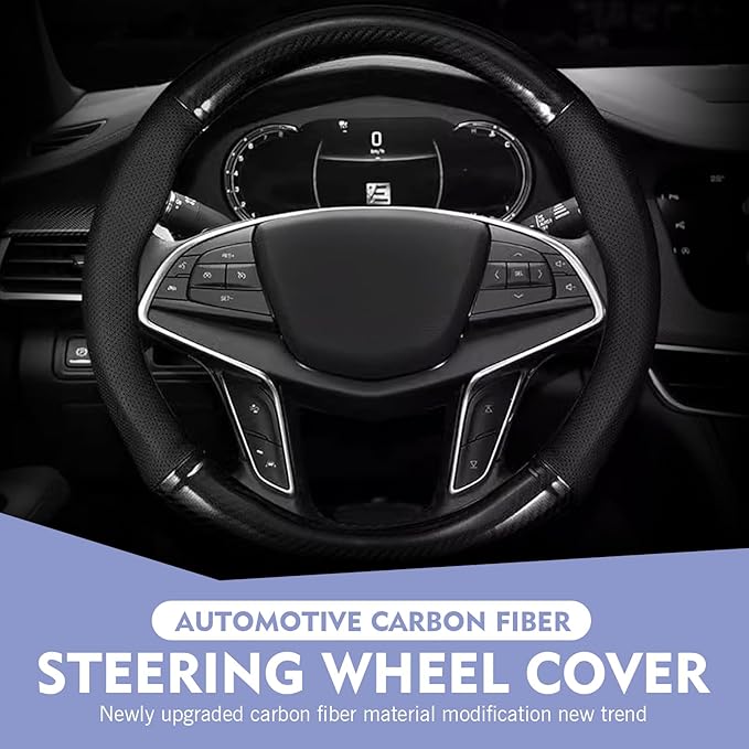CyperFair O-Shaped Steering Wheel Cover – Carbon Fiber Pattern, Anti-Slip, Wear-Resistant, Sweat-sbsorbent Microfiber Leather Protector, Four Seasons Universal Fit (Black)