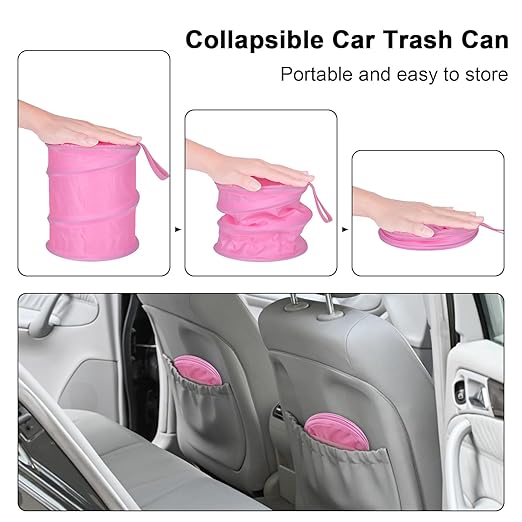 Kincown Car Trash Can, 2 Packs Mini Collapsible Car Trash Bin for Front Back Seat, Pop up Garbage Can, Portable Bag Hanging for Vehicle SUV Rv Truck Accessories Interior, Pink