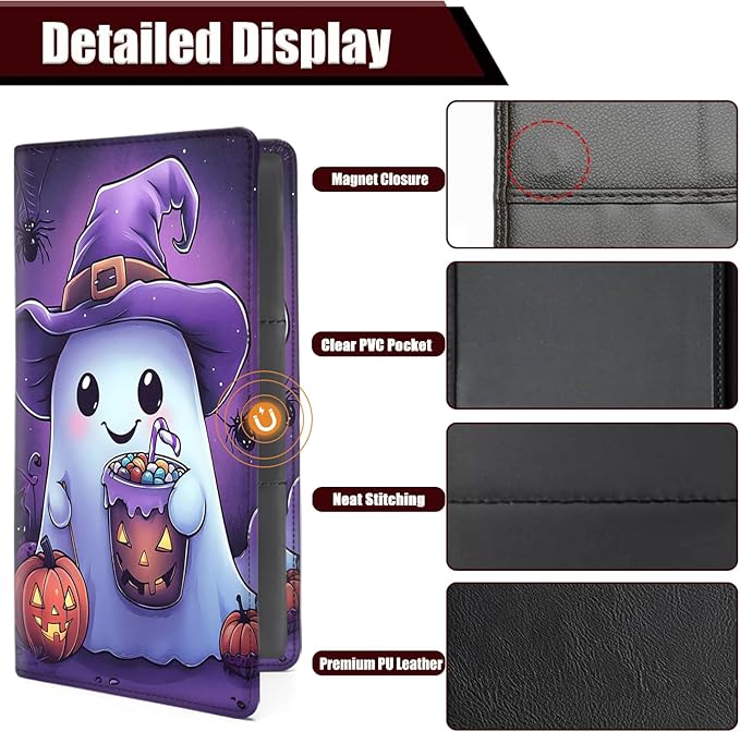 Car Registration Holder, PU Leather Vehicle Glove Box Organizer for Driver License, Document, Car Insurance Holder with Magnetic Shut, Auto Paperwork Wallet Case Accessories, Cute Ghost + Witch Hat