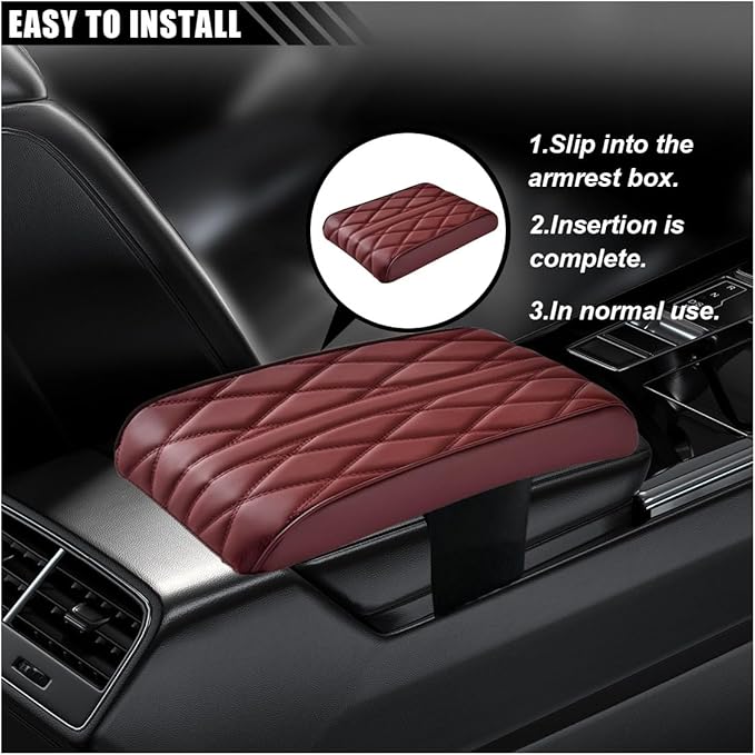 Car Center Console Cover Pad, Leather Auto Console Arm Rest Cover, Waterproof Car Armrest Seat Box Cushion Protector, Memory Foam Armrest Pillow for Most Cars (Burgundy)