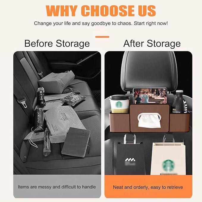 3-in-1 Car Backseat Organizer with Cup Holder, Tissue Box, Trash Bin & Hooks, Car Organizers and Storage Box Behind Seat, for Hold Phones, Snacks, Drinks, and Handbags (Black)