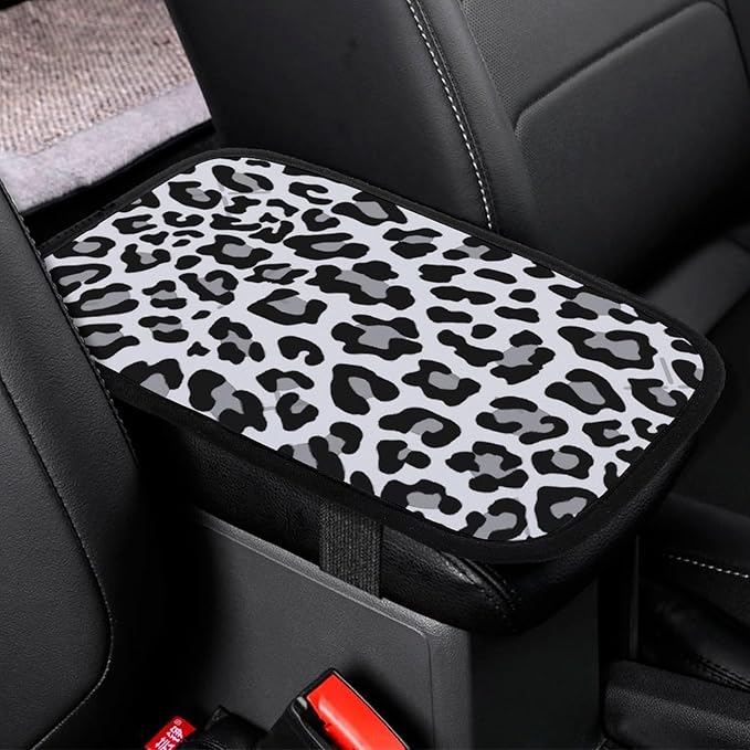 Black White and Grey Leopard Print Car Center Console Cushion Pad,Waterproof Armrest Seat Box Cover Protector,Comfortable Car Decor Accessories Fit for Most Cars, Vehicles, SUVs