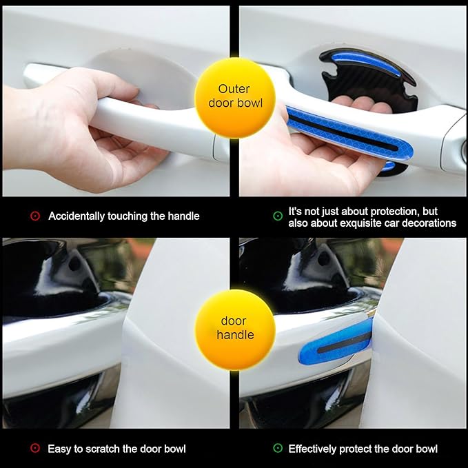 8PCS 3D Carbon Fiber Car Door Handle Protector Sticker, Universal Auto Door Handle Anti Scratch Cover Guard, Car Outdoor Safety Reflective Strips, Paint Guard Protective Films(Blue)