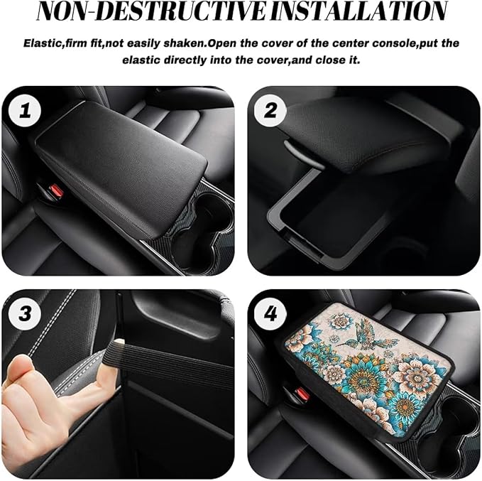 BIGCARJOB Hummingbird Lotus Armrest Cover for Car Center Console Auto Interior Accessories Boho Lotus Center Console Armrest Pads Car Armrest Seat Box Cover Cushion,Universal Fit