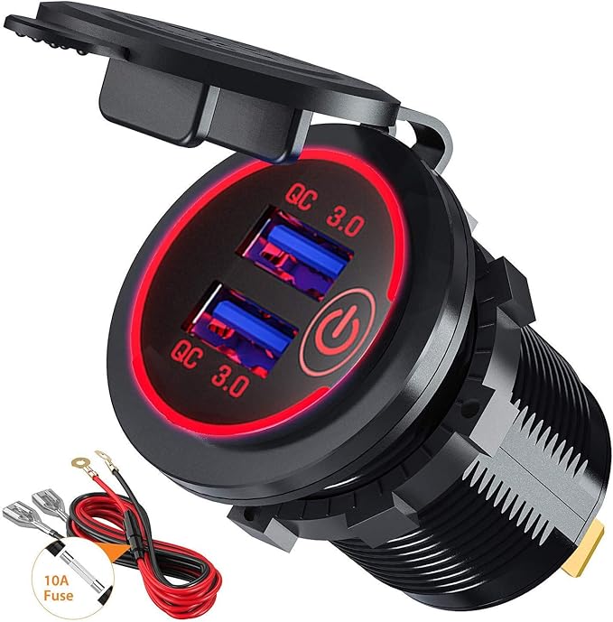 Quick Charge 3.0 Dual USB Car Charger Socket with Touch Switch 12V/24V 36W QC3.0 Dual USB Fast Charger Socket Power Outlet for Marine, Boat, Motorcycle, Truck, Golf Cart(Red)