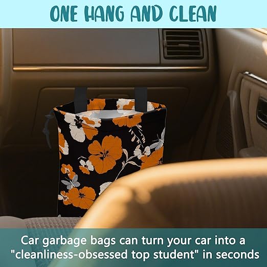 KXWQTRDD Car Garbage Bag Orange and White Floral and Butterfly Drawstring Car Trash Bag Hanging for Back Seat with Adjustable Buckle Canvas Vehicle Trash Can Easy-to-Install