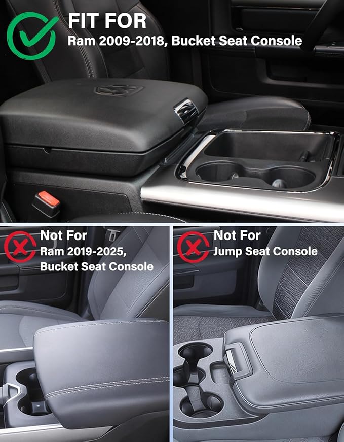 Center Console Armrest Cover for 2009-2018 Dodge Ram 1500 2500 3500 Accessories, Vinyl Leather Middle Console Cover, Anti-Scratch, Black (Fits Bucket Seat Console Only)
