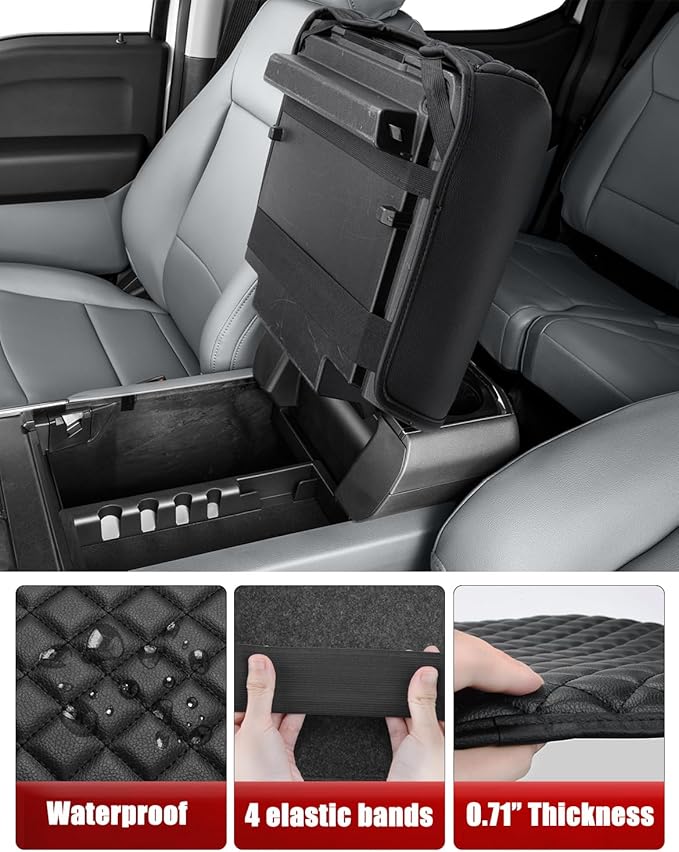 KBH Center Console Armrest Cover for Ford F150 2021 2022 2023 2024 2025 2026, PU Leather Interior Accessories, Middle Console Lid Protector, Arm Rest Cushion Thick Pad, Black (Fits Bucket Seat Only)